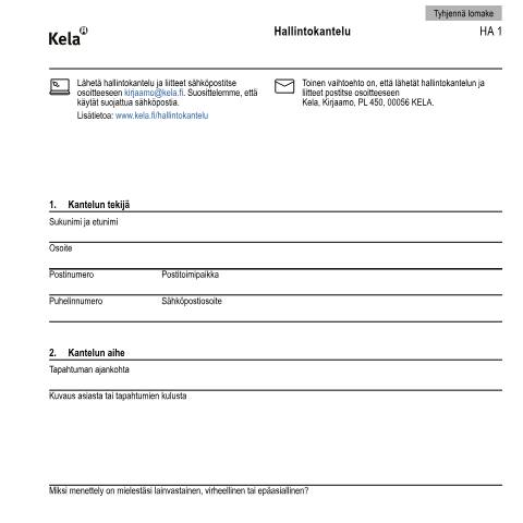 Document preview: Hallintokantelu — Muut lomakkeet, Suomi (CERFA n°Kela HA 1)