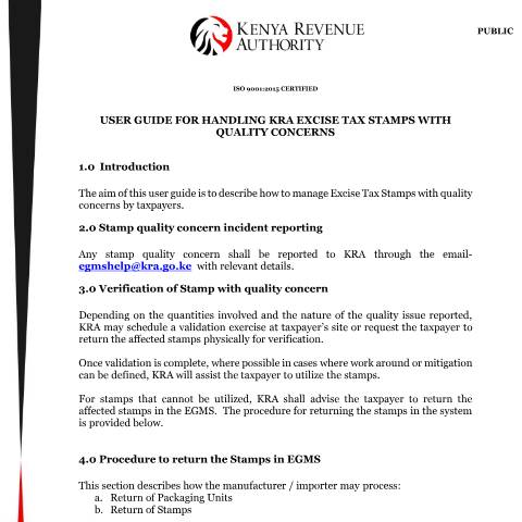 Document preview: userguide on how to handle excise stamps with quality concerns. — Guide, Kenya (CERFA n°External-user-guide-for-handling-Stamps-with-quality-concern-for-Taxpayers)