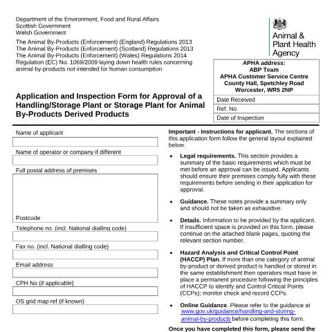 Document preview: Handling and storage plants for animal by-products: application — Animal and Plant Health Agency, United Kingdom