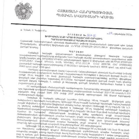 Document preview: ՀՀ ՊԵԿ իրավաբանական վարչության պետի կողմից կայացված 08.12.2023թ․ «Ֆիզիկական անձի կողմից չկատարված հարկային պարտավորությունները գանձելու մասին» 964-Ա որոշում (Անդրեյ Սումբատի Սիմոնյան, ՀՎՀՀ՝ 26581701, ՀԾՀ՝ 3705990462) (ՀՀ ՊԵԿ պաշտոնական կայքում հրապարակվել է 12․02․2024թ․) — Կառավարության որոշում (décision du gouvernement), Հայաստան