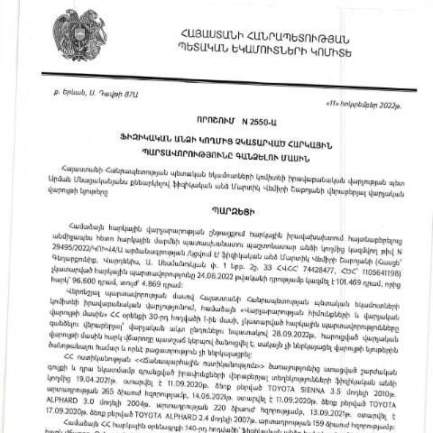 Document preview: ՀՀ ՊԵԿ իրավաբանական վարչության պետի կողմից կայացված 11.10.2022 «Ֆիզիկական անձի կողմից չկատարված հարկային պարտավորությունները գանձելու մասին» թիվ 2550-Ա որոշում (Մարտիկ Վեմիրի Շաբոյան) (ՀՀ ՊԵԿ պաշտոնական կայքում հրապարակվել է 07.02.2023թ.) — Կառավարության որոշում (décision du gouvernement), Հայաստան (CERFA n°N2550)