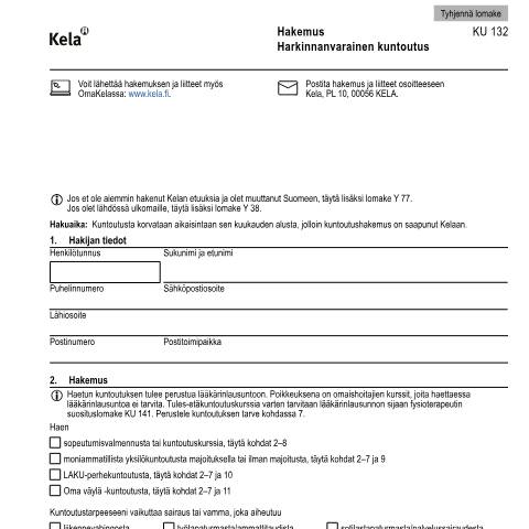 Document preview: Hakemus - Harkinnanvarainen kuntoutus — Kuntoutus, Suomi (CERFA n°Kela KU 132)