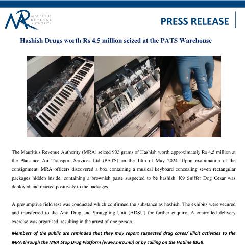 Document preview: Hashish Drugs worth Rs 4.5 million seized at the PATS Warehouse (16.05.24) — Document, Mauritius (CERFA n°PressRelease160524)