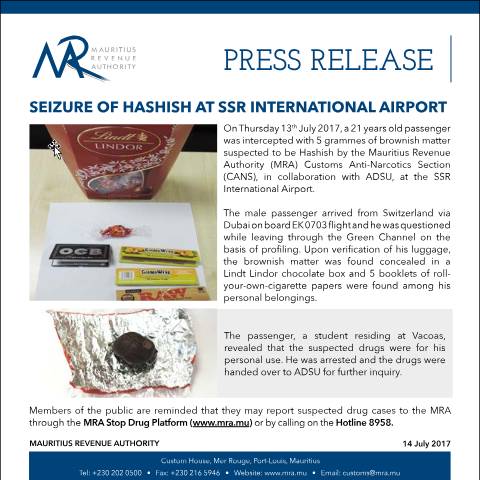 Document preview: Seizure of Hashish at SSR International Airport (14.07.17) — Document, Mauritius (CERFA n°SeizureHashish140717)