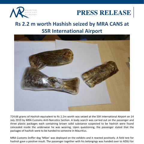 Document preview: Rs 2.2 m worth Hashish seized by MRA CANS at SSR International Airport (17.07.19) — Document, Mauritius (CERFA n°PressRelease170719)