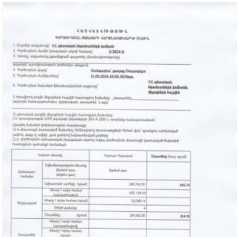 Document preview: Հաշվետվություն՝ 2024թ․ մայիսի 21-ից 25-ը Հունգարիա (ք․ Բուդապեշտ) գործուղման ծախսերի վերջնահաշվարկի մասին — Հաշվետվություն (rapport), Հայաստան