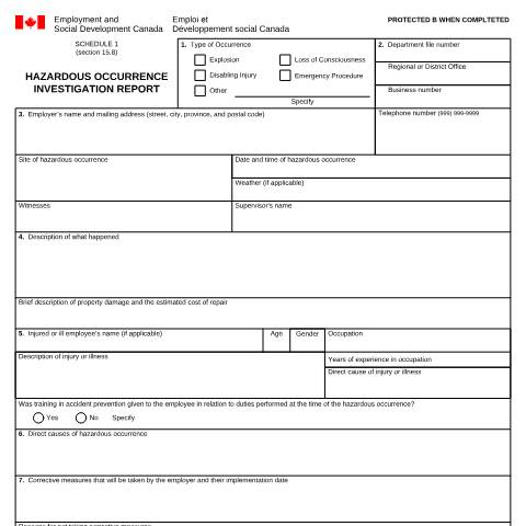 Document preview: Hazardous Occurrence Investigation Report (Canada Occupational Safety and Health Regulations, Section 15.8) — Labour, Canada (CERFA n°LAB1070)
