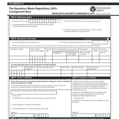 Document preview: Hazardous waste consignment note — Environment Agency, United Kingdom