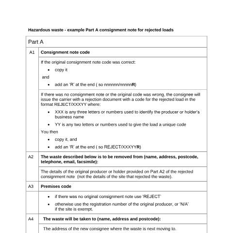 Document preview: Hazardous waste: example Part A of your consignment note — Environment Agency, United Kingdom