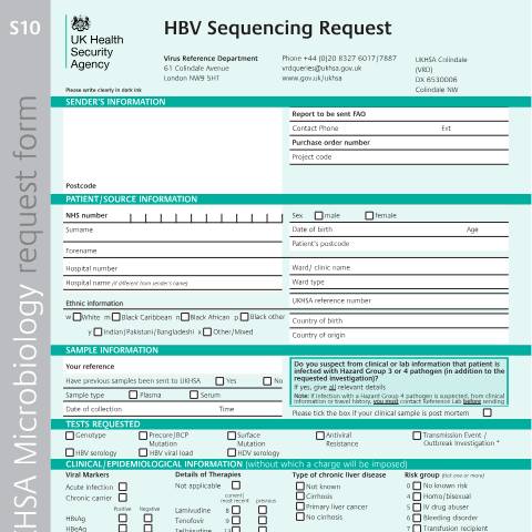 Document preview: Hepatitis B virus (HBV) sequencing request form — UK Health Security Agency, United Kingdom