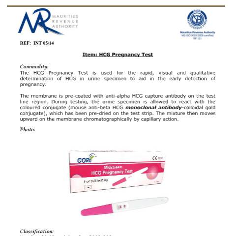 Document preview: Classification for Pregnancy Test — Document, Mauritius (CERFA n°HCGPregnancyTest)