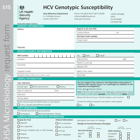 Document preview: HCV genotypic susceptibility testing request form — UK Health Security Agency, United Kingdom