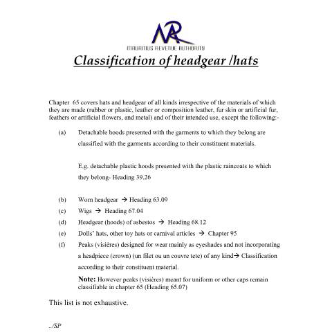 Document preview: Classification of Headgear — Document, Mauritius (CERFA n°headgear)