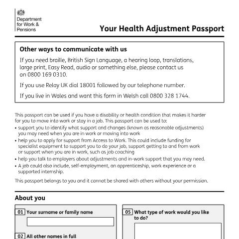 Document preview: Health Adjustment Passport — Department for Work and Pensions, United Kingdom