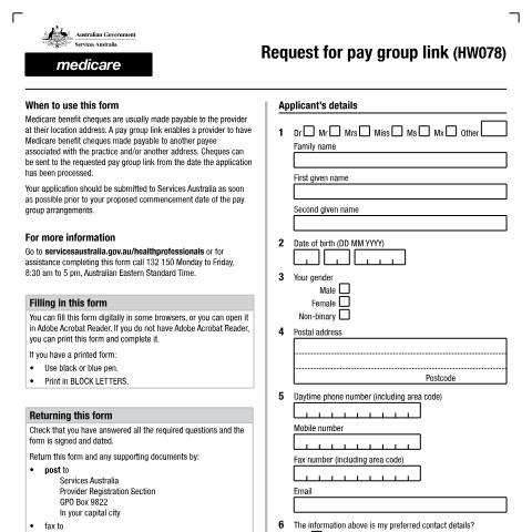 Document preview: Request for pay group link form (HW078) — Services Australia — Health professionals, Australia (CERFA n°HW078)