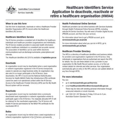 Document preview: HI Service - application to deactivate, reactivate or retire a healthcare organisation form (HW044) — Services Australia — Health professionals, Australia (CERFA n°HW044)