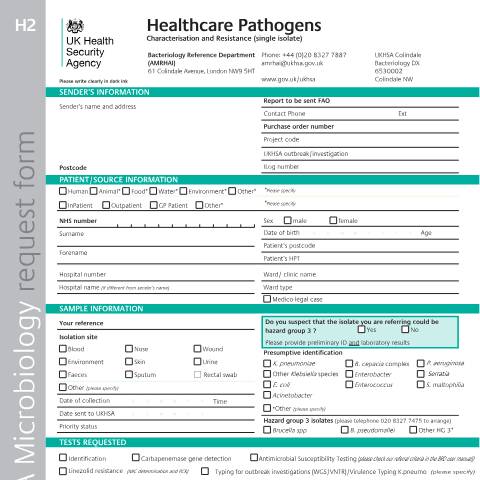 Document preview: Healthcare pathogens request form: single isolate — UK Health Security Agency, United Kingdom