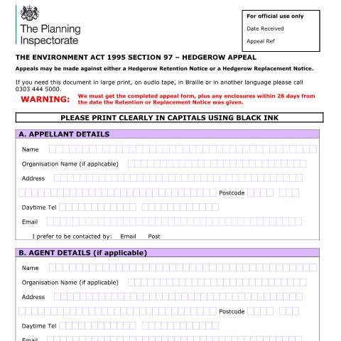 Document preview: Hedgerows, retention and replacement notices appeal form — Planning Inspectorate, United Kingdom