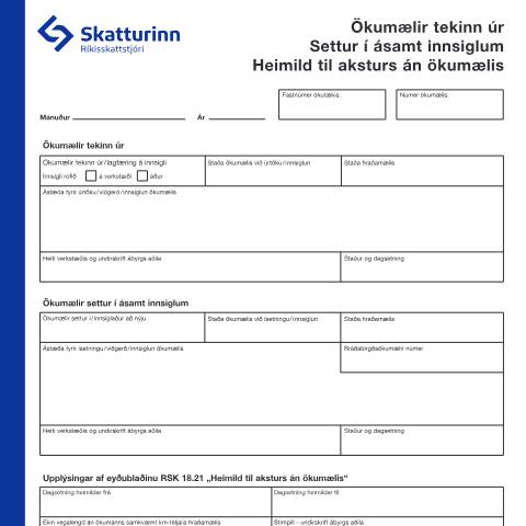Document preview: Ökumælir tekinn úr. Settur í ásamt innsiglum. Heimild til aksturs án ökumælis — Einstaklingar, Ísland (CERFA n°RSK 18.32)
