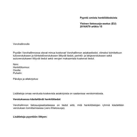 Document preview: Pyyntö omista henkilötiedoista (8235) — Pyyntö omista henkilötiedoista (8235), Suomi (CERFA n°Vero 8235)