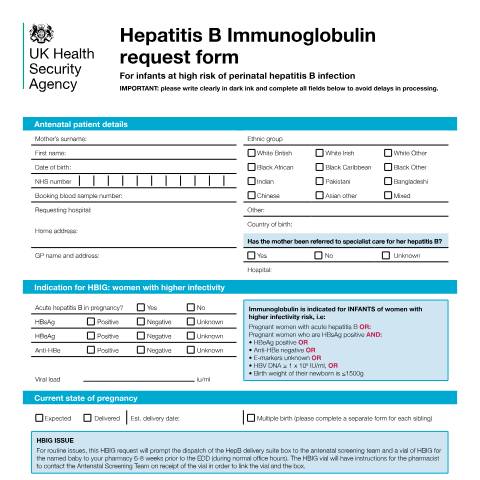 Document preview: Hepatitis B: requesting issue of immunoglobulin for infants — UK Health Security Agency, United Kingdom