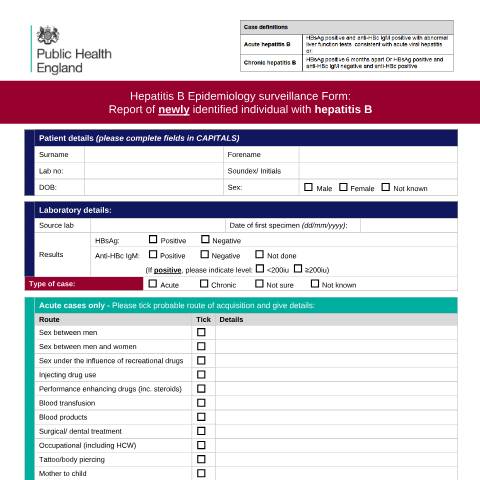 Document preview: Hepatitis B: reporting form for newly identified individuals — Public Health England, United Kingdom
