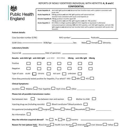 Document preview: Hepatitis: form for reporting cases from GUM to HPTs — Public Health England, United Kingdom