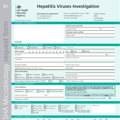 Document preview: Hepatitis viruses investigation request form — UK Health Security Agency, United Kingdom