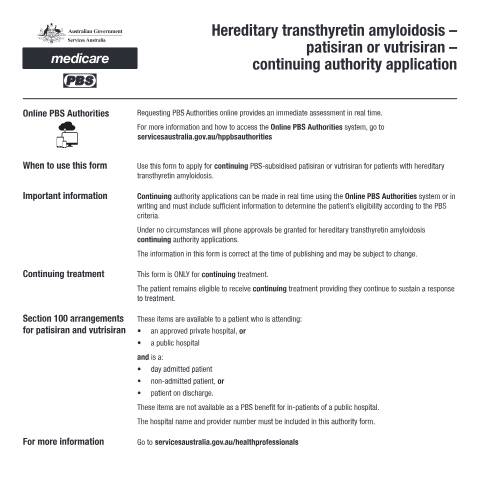 Document preview: Hereditary transthyretin amyloidosis - patisiran or vutrisiran - continuing authority application form (PB368) — Services Australia — Health professionals, Australia (CERFA n°PB368)
