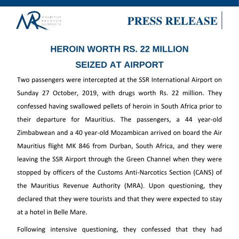 Document preview: Heroin worth Rs. 22 million seized at Airport — Document, Mauritius (CERFA n°PressRelease051119)