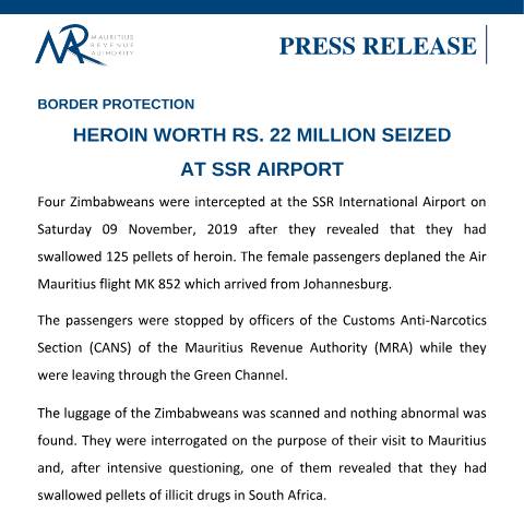 Document preview: Heroin worth Rs. 22 million seized at SSR Airport (05.12.19) — Document, Mauritius (CERFA n°PressRelease051219)