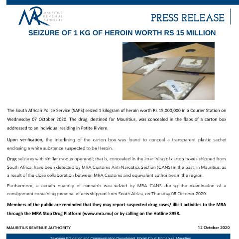 Document preview: Seizure of 1 kg of heroin worth Rs 15 million (12.10.20) — Document, Mauritius (CERFA n°DrugSeizure121020)