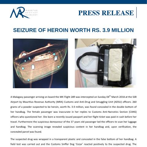 Document preview: Seizure of Heroin worth Rs. 3.9 million (07.03.18) — Document, Mauritius (CERFA n°PressRelease070318)