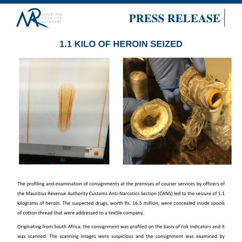 Document preview: 1.1 kilo of Heroïne seized (15.03.18) — Document, Mauritius (CERFA n°PressRelease150318)