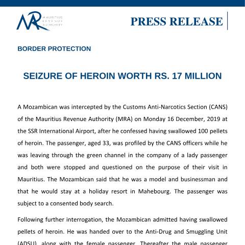 Document preview: Seizure of heroin worth Rs. 17 million (24.12.19) — Document, Mauritius (CERFA n°PressRelease241219)