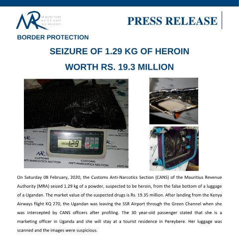 Document preview: Seizure of 1.29 kg of heroin worth Rs. 19,3 million (10.02.20) — Document, Mauritius (CERFA n°PressRelease100219)