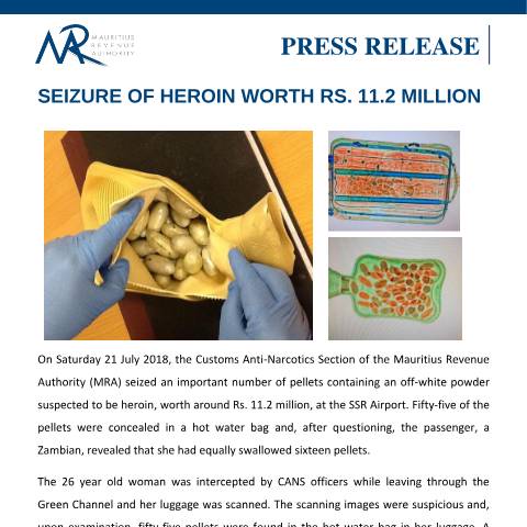 Document preview: Seizure of heroin worth Rs. 11.2 million&nbsp;(25.07.18) — Document, Mauritius (CERFA n°PressRelease250718)