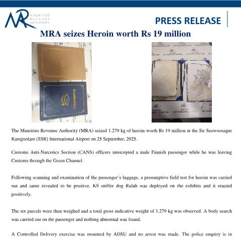 Document preview: MRA seizes heroin worth Rs 19 million (29.09.25) — Document, Mauritius (CERFA n°PressRelease290925)