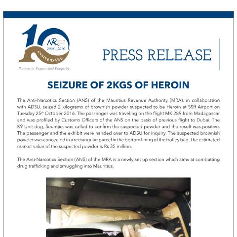 Document preview: Seizure of 2kgs of Heroin (26.10.16) — Document, Mauritius (CERFA n°DrugSeizure261016)