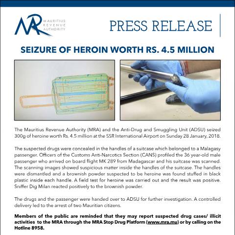 Document preview: Seizure of heroin worth Rs. 4.5 million (29.01.18) — Document, Mauritius (CERFA n°PressRelease290118)