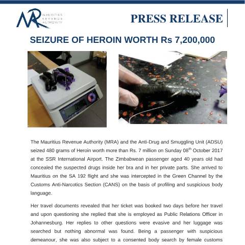 Document preview: Seizure of Heroin worth Rs 7,200,000 (09.10.17) — Document, Mauritius (CERFA n°SeizureofHeroin)