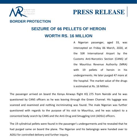 Document preview: Seizure of 66 pellets of heroin worth Rs. 16 million (16.03.20) — Document, Mauritius (CERFA n°PressRelease160320)