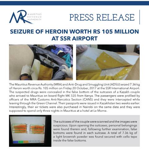 Document preview: Seizure of Heroin worth Rs. 105 million at SSR Airport (22.10.17) — Document, Mauritius (CERFA n°PressRelease221017)