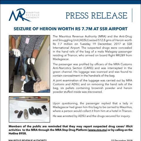 Document preview: Seizure of heroin worth Rs 7.7M at SSR Airport (22.12.17) — Document, Mauritius (CERFA n°PressReleaseHeroinAirport)