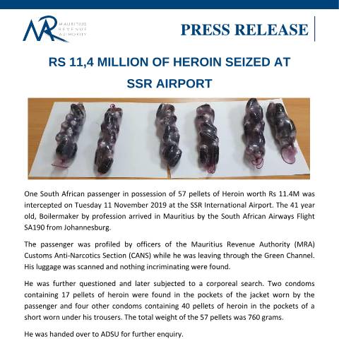 Document preview: Rs 11,4 million of heroin seized at SSR Airport (18.11.19) — Document, Mauritius (CERFA n°PressRelease181119)