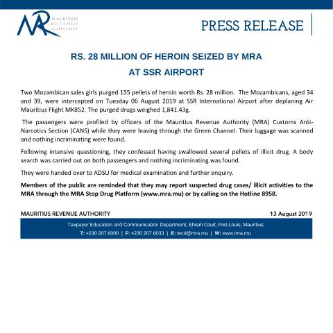 Document preview: Rs. 28 Million of heroin seized by MRA at SSR Airport (13.08.19) — Document, Mauritius (CERFA n°PressRelease130819)