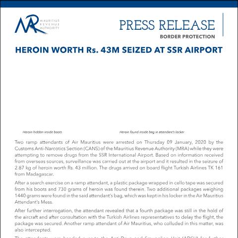 Document preview: Heroin worth Rs. 43 M seized at SSR Airport (10.01.20) — Document, Mauritius (CERFA n°PressRelease100119)