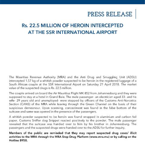 Document preview: Rs 22.5 million of heroin intercepted at the SSR International Airport (23.04.18) — Document, Mauritius (CERFA n°PressRelease230418)