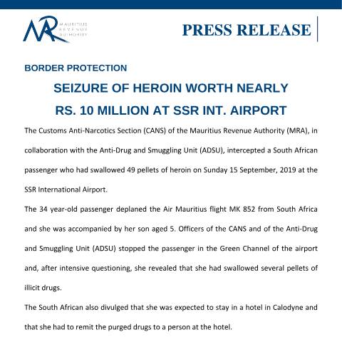 Document preview: Seizure of heroin worth nearly Rs. 10 million at SSR Int. Airport (25.09.19) — Document, Mauritius (CERFA n°PressRelease250919)