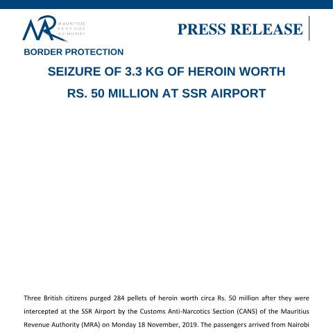Document preview: Seizure of 3.3 kg of heroin worth Rs. 50 million at SSR Airport (26.11.19) — Document, Mauritius (CERFA n°PressRelease261119)